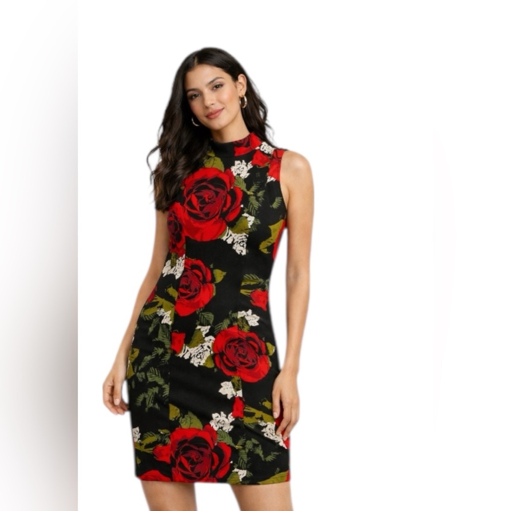 Russell Kemp New York Black Red Rose Floral Sleeveless Dress Size S